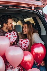 hearts balloons in the trunk of a car. Selective focus.