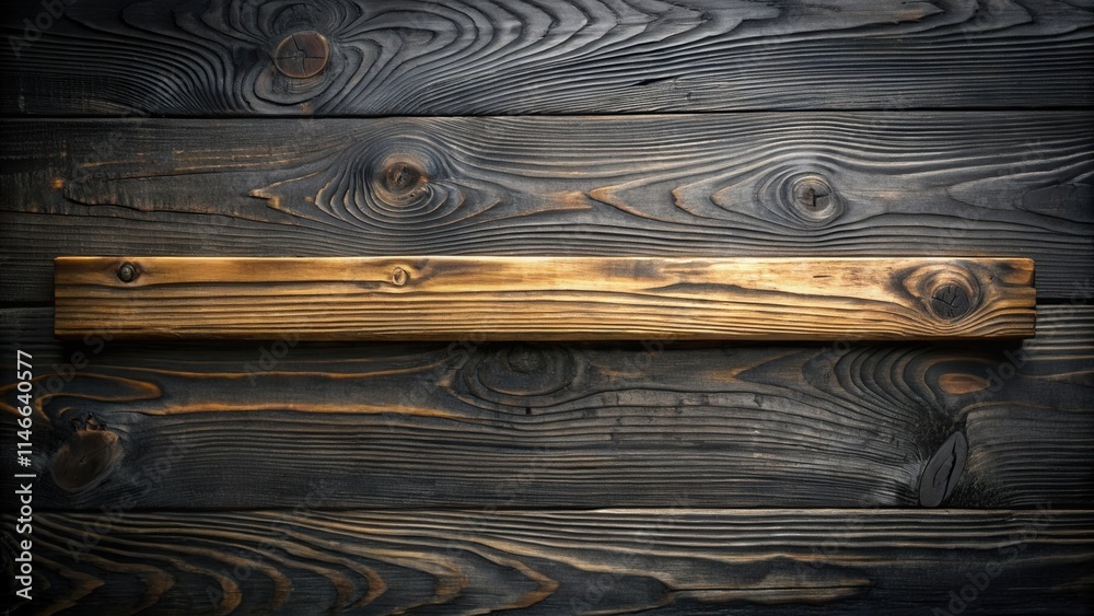 Poster a rustic wooden plank set against a backdrop of dark, weathered wood. the plank offers a contrasting