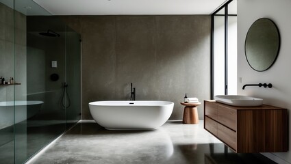 Fototapeta premium Modern bathroom featuring a freestanding bathtub, wooden cabinet, sleek sink design, and large windows for natural light. Minimalistic and stylish decor.
