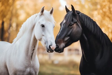 Fototapeta premium White and black horses show affection by touching noses 