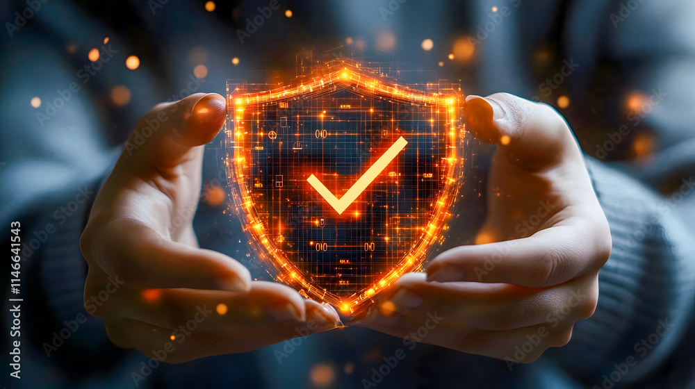 Poster digital security concept with sparkling shield and check mark held in hands representing protection 