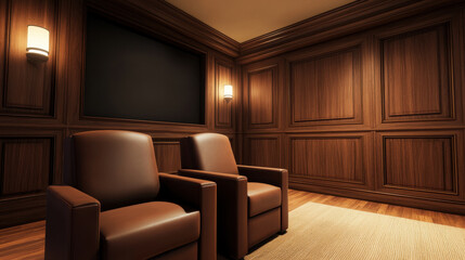 Luxurious home theater featuring elegant wooden paneling and comfortable seating. warm ambiance creates perfect space for relaxation and entertainment