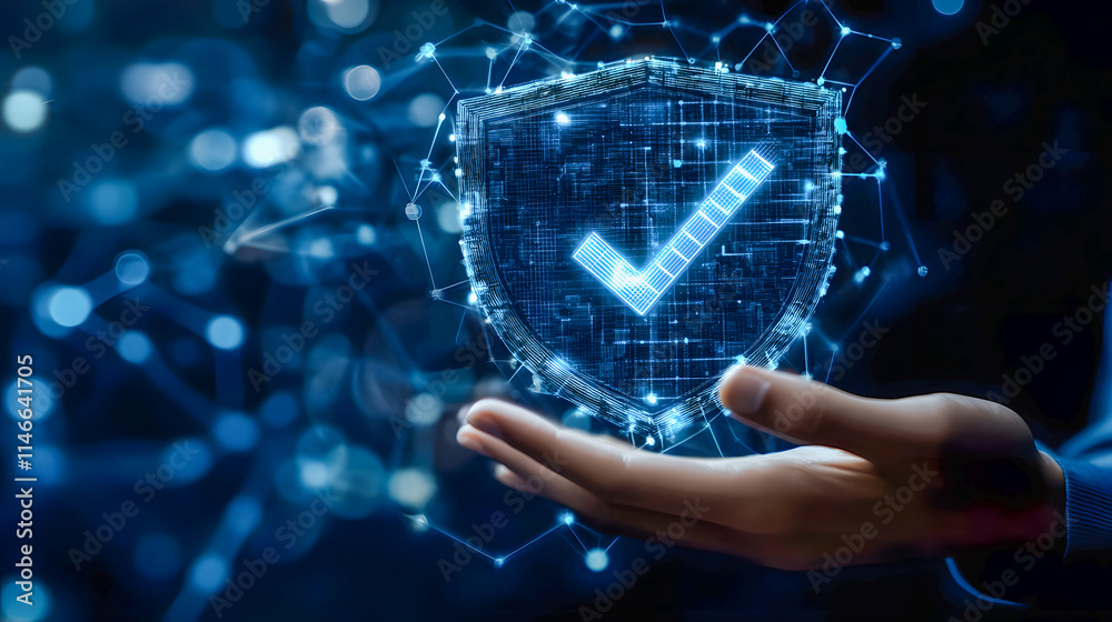 Poster digital security shield with checkmark symbol represents data protection and cybersecurity concepts 