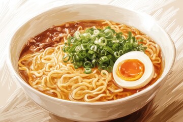A bowl of ramen featuring noodles, broth, green onions, and a soft-boiled egg.
