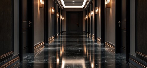 A dimly lit corridor with polished floors and elegant wall sconces.