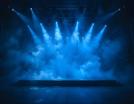 Illuminated stage with scenic lights and smoke. Blue spotlight with smoke volume light effect on black background. Stadium cloudiness projector