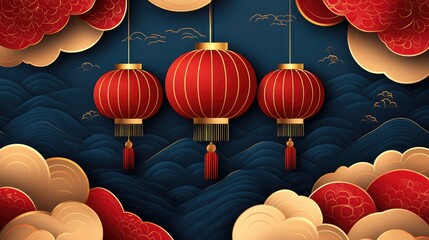 Three red Chinese lanterns hang against a dark blue background with gold clouds and waves.