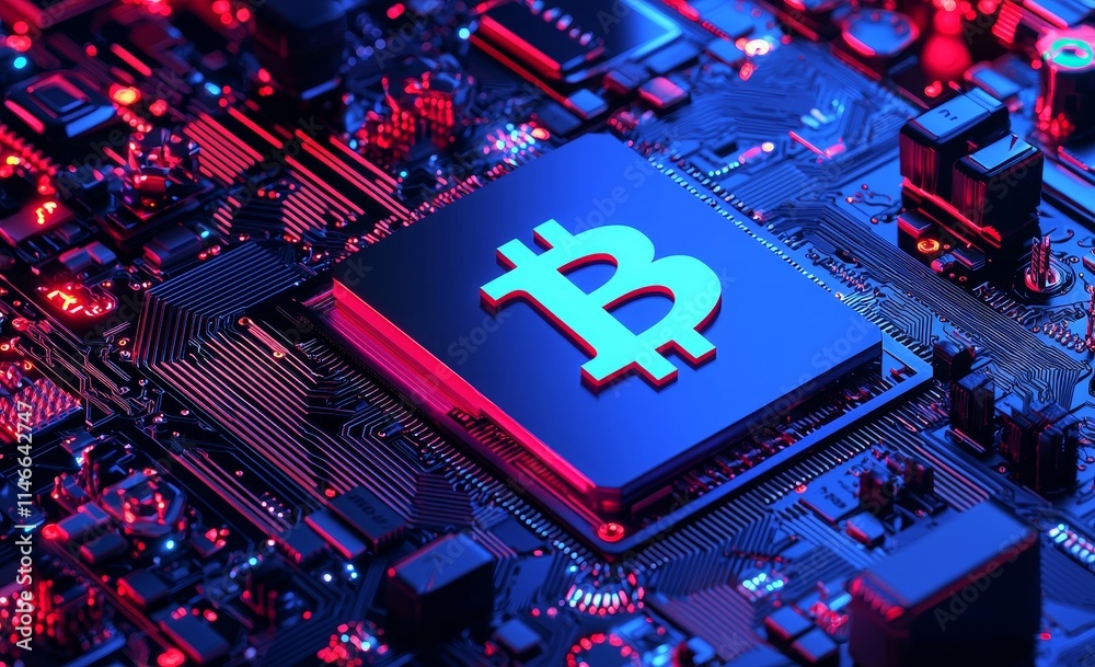 Poster bitcoin blockchain: digital mining technology background banner.