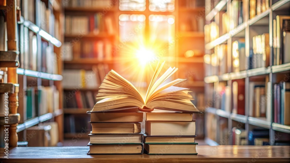 Poster An open book bathed in sunlight against a backdrop of countless volumes in a library, symbolizing the vast world of knowledge waiting to be explored.