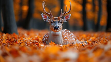 Axis deer resting in autumn leaves.