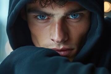 A close-up image of a young man in a hoodie with an intense expression, his piercing blue eyes drawing attention while the background softly blurs into warm-colored lights.