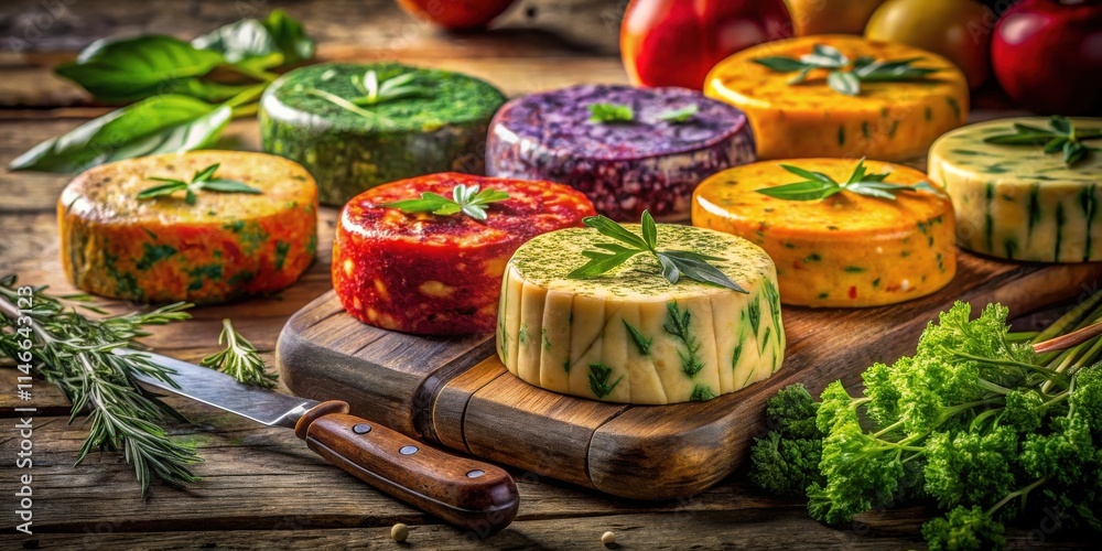 Poster a rustic wooden board showcases an assortment of herb infused cheese rounds, each with a distinct co
