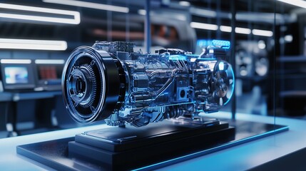 A futuristic engine technology demo in an advanced automotive research facility.
