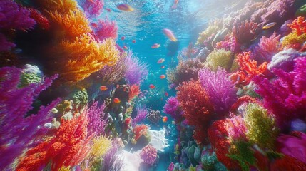 Vibrant Underwater Scene in Coral Reef with Colorful Marine Life and Lush Soft Corals Glowing Under Sunlight in Clear Ocean Water