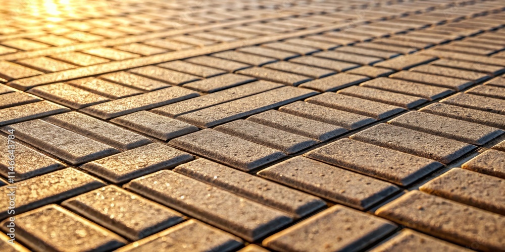 Poster A Close-Up Perspective of a Pavement's Interlocking Rectangular Tiles Bathed in the Warm Glow of the Setting Sun