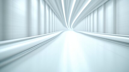 Obraz premium A long tunnel with smooth, bright walls leading toward a glowing light at the end, creating a futuristic and serene atmosphere.
