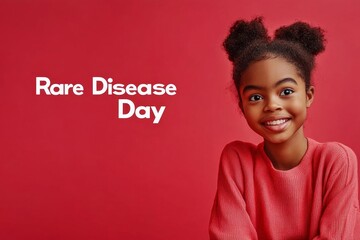 Smiling Girl in Pink Sweater Celebrating Rare Disease Day Against Vibrant Red Background