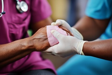 Medical professional providing care and applying a bandage to a patient's hand, demonstrating empathy and support during treatment
