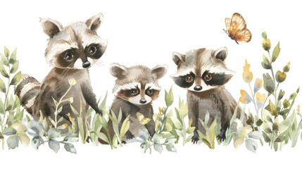 Fototapeta premium cute raccoons and a butterfly, with grass and leaves