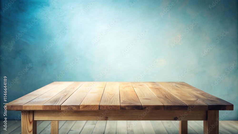 Poster a rustic wooden tabletop against a blue background, ideal for displaying products or creating a mini