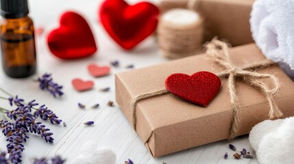 romantic spa gift concept, valentines day spa gift card elegantly wrapped with essential oils, lavender sachets, and heart-shaped ornaments