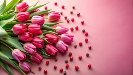 Fototapeta premium A bouquet of vibrant pink tulips arranged on a soft blush background, accented by scattered red berries, creating a delicate and romantic floral composition.