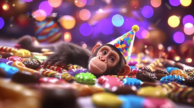 Cute monkey wearing party hat surrounded by colorful candies and festive decorations