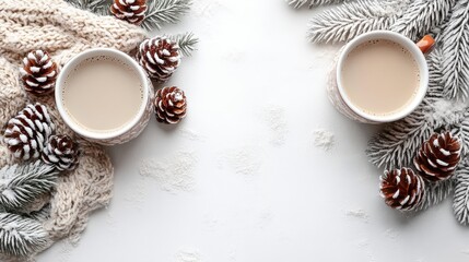 Naklejka premium Cozy winter scene with cups and pine cones