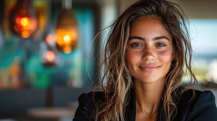 Obraz premium Portrait of a smiling young woman with long brown hair.