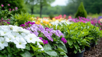 Vibrant colorful flowers in pots, blooming in a garden.