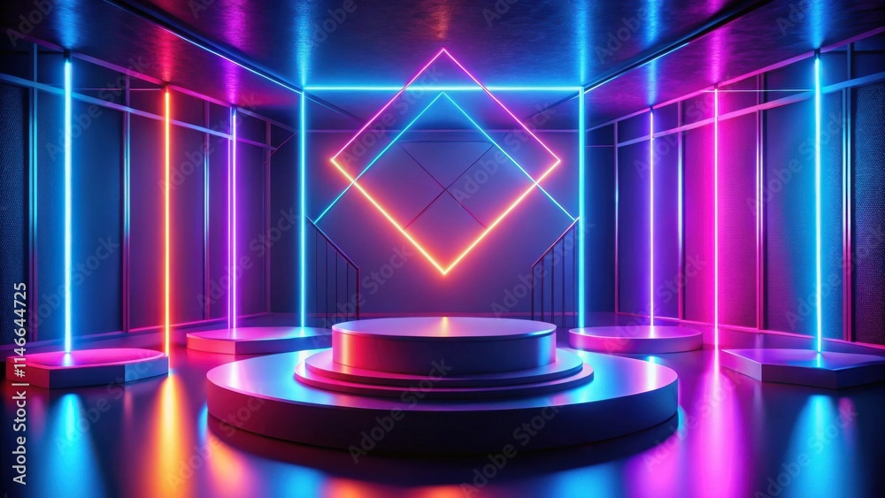 Fototapete A Modern Minimalistic Space Illuminated by a Vibrant Array of Neon Lights, Featuring a Circular Platform