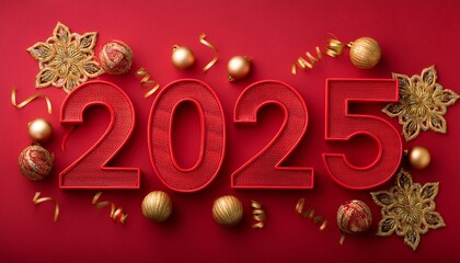 Top view of 2025 red 3D numbers with red snake pattern on and golden decorations.  2025, year of the snake. Generated image