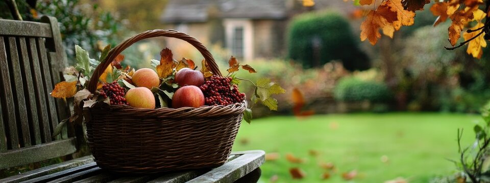 Basket with pumpkins and apples on a bench. Selective focus. - Powered by Adobe