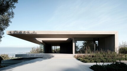 Obraz premium A modern concrete house with a large cantilevered roof, casting sharp shadows over the entrance