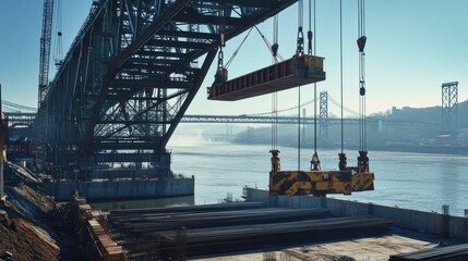 Naklejka premium A large crane is placed at the bridge construction site, the river lifts materials such as beams and cables, background wallpaper AI generated image