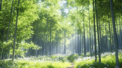 Naklejka premium Serene Bamboo Forest Path with Spring Blossoms