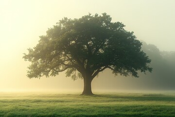 Obraz premium A large tree is in a field with a foggy sky