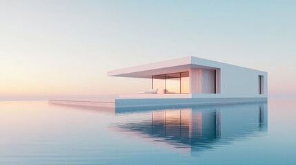Fototapeta premium A modern minimalist white house floating over a calm, reflective infinity pool