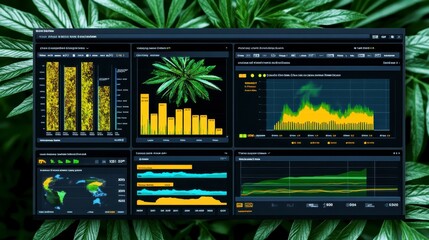 A digital dashboard displaying data visualizations related to cannabis, featuring charts, graphs, and a cannabis leaf in the background.