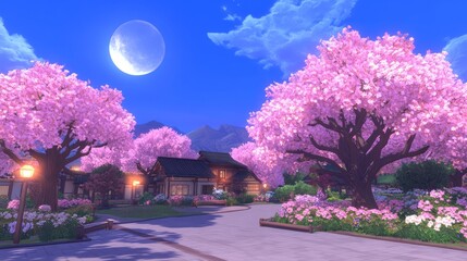 Serene Cherry Blossom Village Under Moonlight