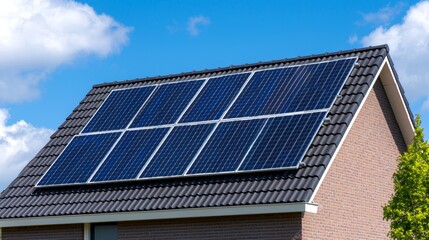 Fototapeta premium Freshly built homes with black solar panels on the roof, illuminated by the sun.