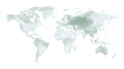 Fototapeta premium A soft, abstract world map in muted green tones, emphasizing landmasses with a watercolor effect on a light background.