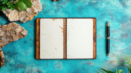 Blank notebook on turquoise background with pen and rocks