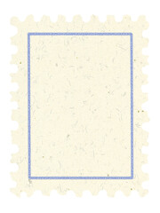 Postage stamp vertical vintage ivory yellowed textured paper blue border with copy space