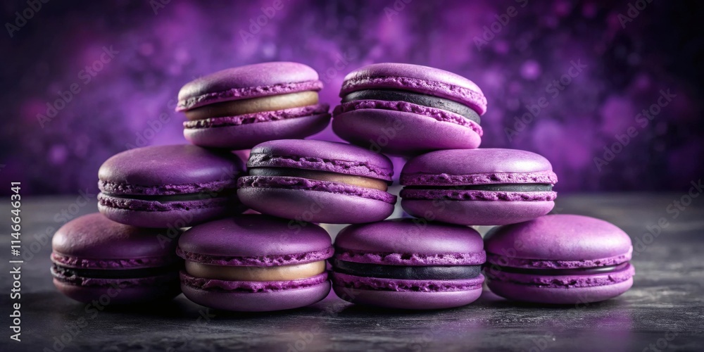 Poster a symphony of purple macarons, each with a delicate filling, arranged in a captivating display again