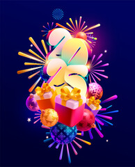 New year 2025. Color 3D number with gift boxes and bright firework. Festive greeting card design.