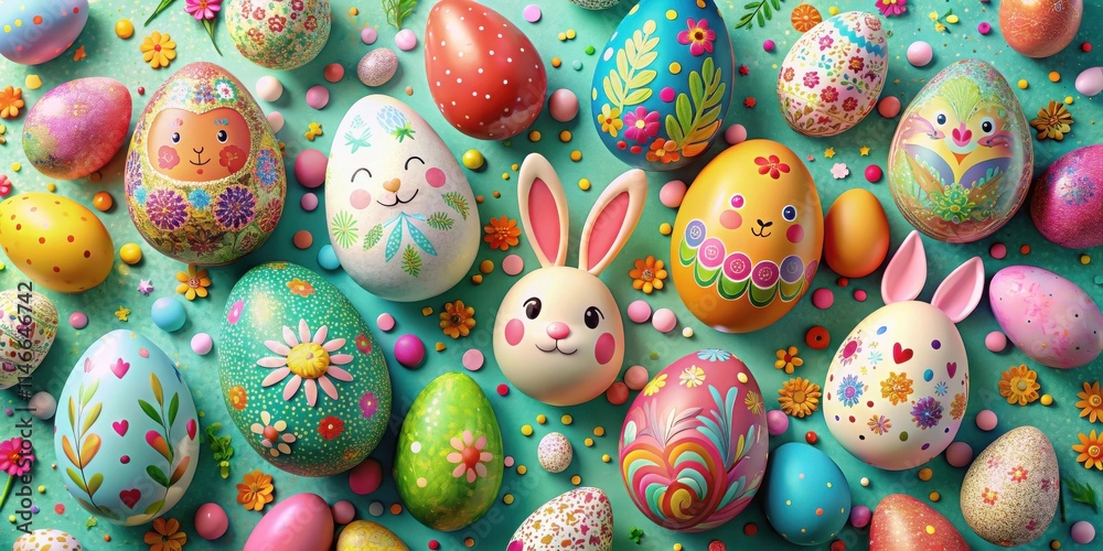 Poster A vibrant collection of Easter eggs adorned with colorful designs and playful patterns, featuring adorable bunny figures, creating a cheerful and festive atmosphere.