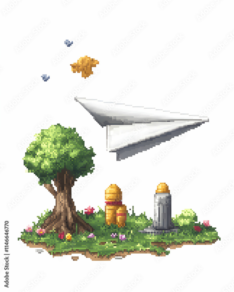 Fototapete pixel art of paper plane flying above a grassy area with a tree and two small structures, birds and 