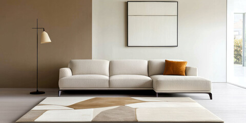 Elegant living room with contemporary beige furniture, featuring stylish sofa and unique rug. warm tones create cozy atmosphere