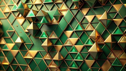 Geometric Abstract Art Interlocking Green and Gold Triangles in a Dynamic Composition